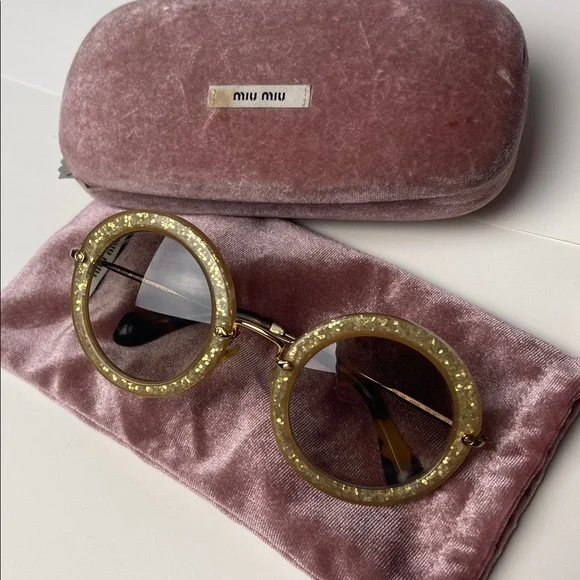 Miu Miu GOLD GLITTER round sunglasses Pink Velvet Case display picture 1